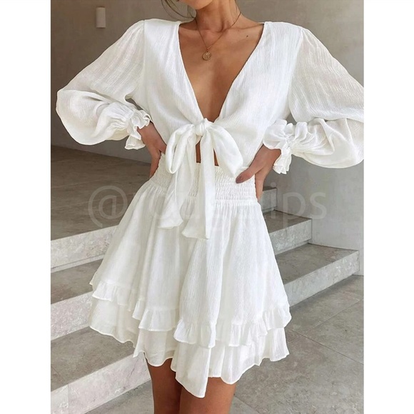 White Boho Mini Dress Frill, Ruffle Hem Shirred Waist Fit & Flare Deep V Neck - Picture 5 of 6